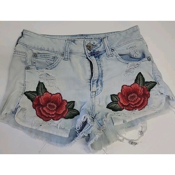 American Eagle Shorts Womens 2 Blue Hi-Rise Shortie Super Stretch Embroidered - Picture 1 of 11